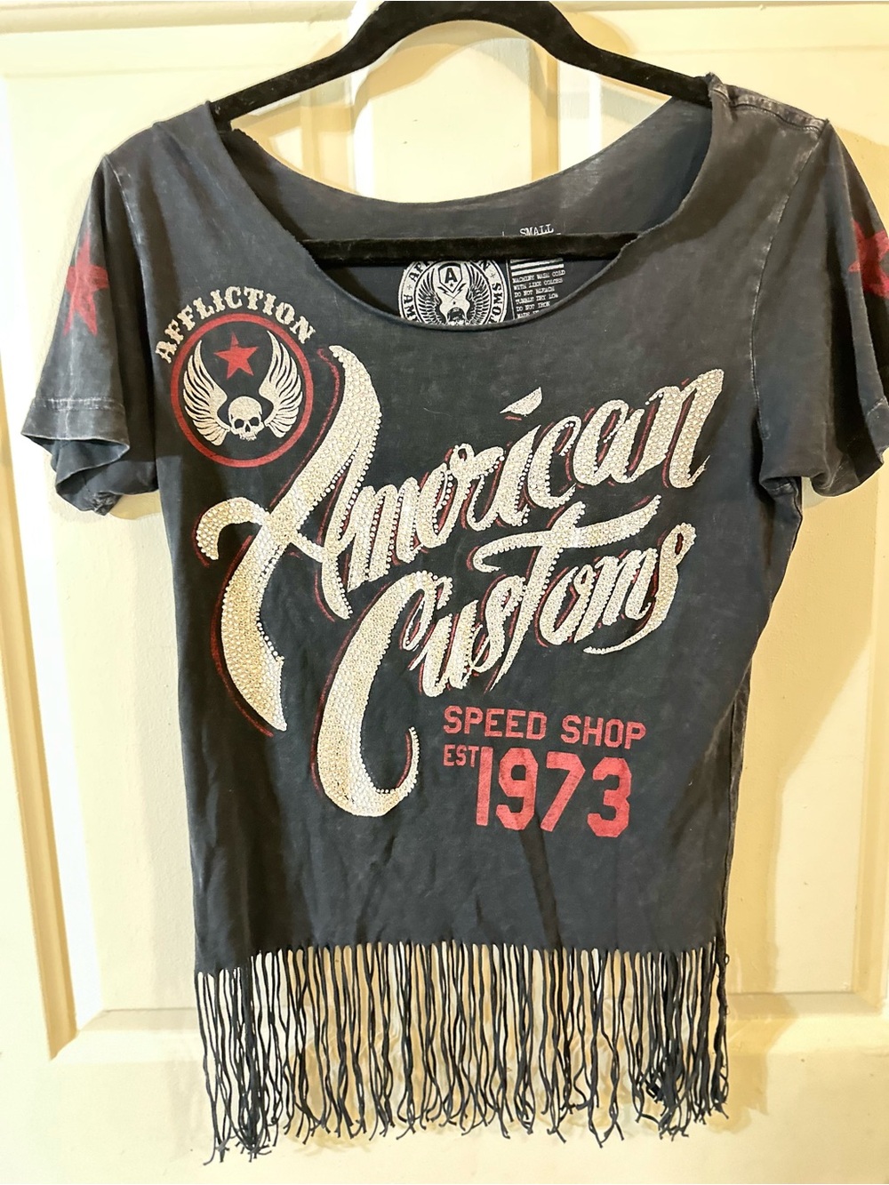 Affliction Charcoal Black Fringe American Customs Graphic Tee with Red Accents